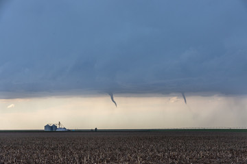 St Francis, Kansas, USA - June 29th, 2019: Developing twin tornadoes in Kansas, USA