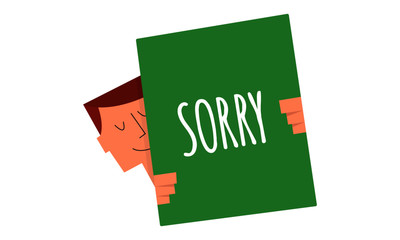 Sorry sign on a board vector illustration. Man holding a sign "Sorry". Business and Digital marketing concept for website and banners promotions.