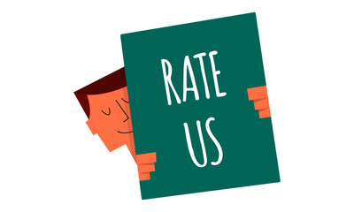 rate us sign on a board vector illustration. Man holding a sign "rate us". Business and Digital marketing concept for website and banners promotions. Rating concept