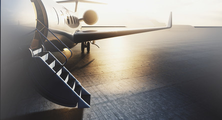 Business private jet airplane parked at terminal. Luxury tourism and business travel transportation concept. Closeup. 3d rendering