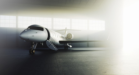 Business private jet airplane parked at terminal. Luxury tourism and business travel transportation concept. 3d rendering