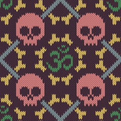 Seamless knitted pattern with sacred Hinduism symbol. Sacred syllable, symbol or mantra Om. Pink skull and bones
