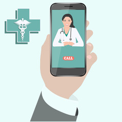 Medicine online consultation. Smartphone in male hand - doctor icon, woman smiling - isolated on white background - vector.