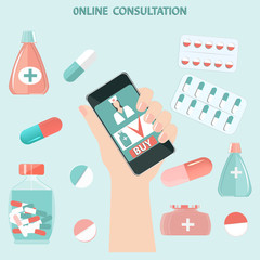 Doctor's hand with a smartphone, avatar, set of pills - flat style - isolated - vector. Online consultation - the choice and purchase of drugs. Medical Concept