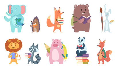 School animals. Funny zoo kids with backpacks and other school equipment squirrel elephant bear fox vector characters. Some animals back to school illustration