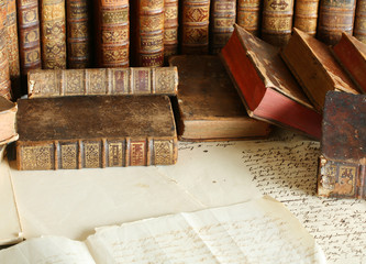 antique desk; workspace with old books and handwriting