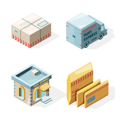 Post office. Mail and package delivery service cargo postbox mailman worker vector isometric pictures. Postbox and package, letter delivery illustration