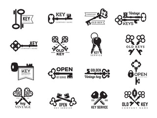 Keys logotype. Real estate badges door and gate access symbols silhouettes of ornate and modern steel keys vector collection. Illustration of key silhouette company name, antique keys logo