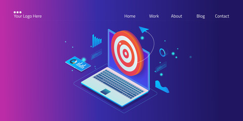 Target marketing concept on a laptop screen, digital marketing isometric design with icons and text, vector web banner.