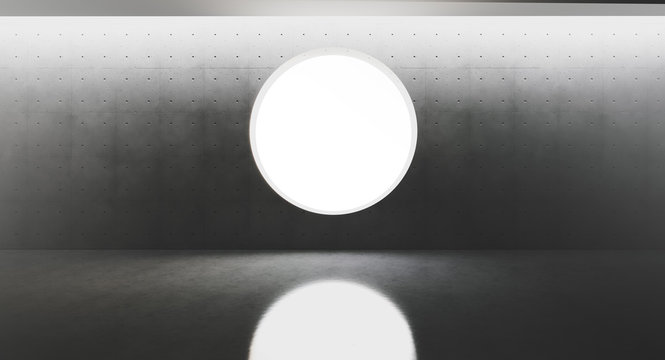 Contemporary and futuristic interior with round window in center of concret wall and reflections on the floor. Concept of interior design and architecture. 3d rendering.