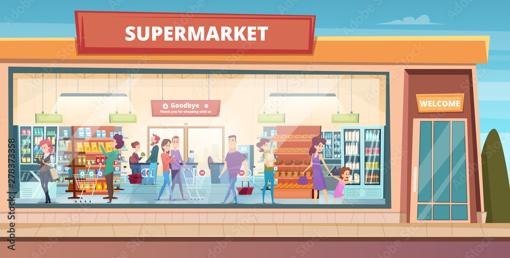 Wall mural supermarket facade. people shopping in product hypermarket grocery food store with male and female b