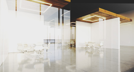 Contemporary office interior with panoramic windows and meeting rooms. 3D rendering