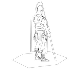warrior character, contour visualization, 3D illustration, sketch, outline
