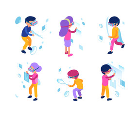 Fototapeta na wymiar Futuristic people. Virtual reality augmentation persons male female future new technology managers workers vector isometric characters. Character worker in innovation simulator cyberspace illustration