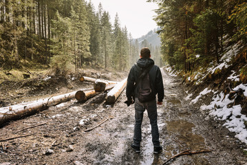 Hiking man in the mountain forest. Tatra mountains. Poland