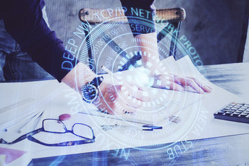 Writing man with technology icons. . Double exposure. Network and data concept.