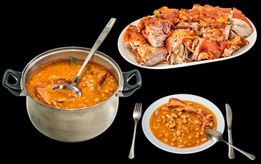 Plateful Of Gourmet Crunchy Spit Roasted Pork Meat Chunks Offered with Domestic Traditional Baked Beans Isolated on Black Background