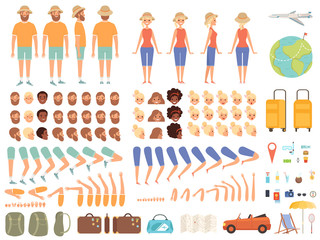Travel constructor. Female character hiking camping tourist with luggage cartoon vector creation kit. Generator animation constructor, body man and woman illustration