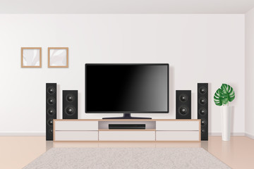 Home theatre. Tv set system in interior big modern multimedia system home theatre in living room vector realistic concept. Cinema home plasma, tv equipment widescreen illustration