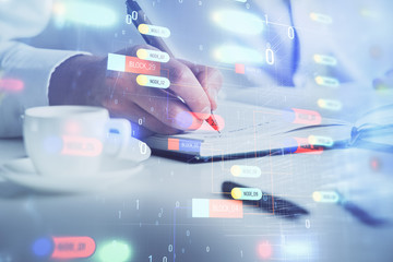 Human hands with tech theme double exposure drawings.