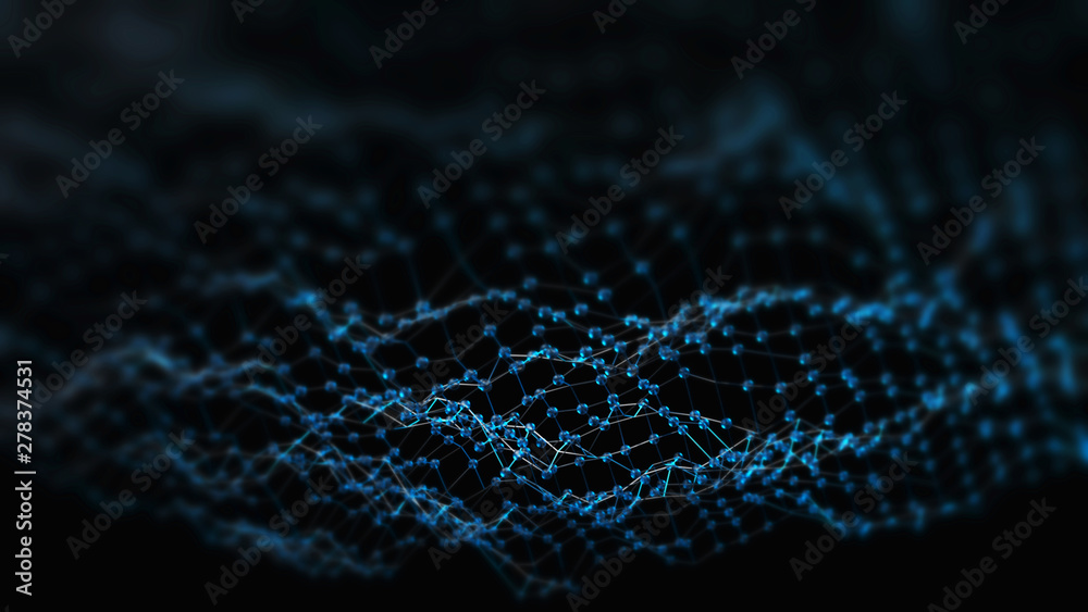 Poster 3d rendering of grid structure with glossy blue dots and line architecture. concept of abstract tech