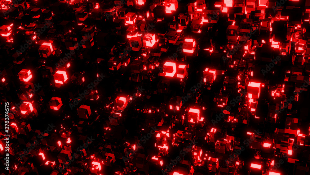 Poster 3d rendering of abstract array of red cubic cubes, glossy glass surface scatter randomly. concept of