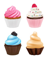 Cupcakes realistic. Sweets desserts muffins cake with chocolate and cream vector pictures of cupcakes. Cake and dessert, cupcake with fruit, confectionery vanilla illustration