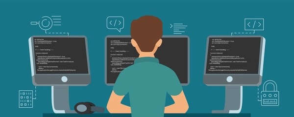 Software developer character. Vector programmer develops code illustration. Programmer programming soft and write script