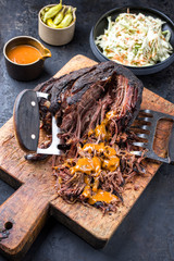 Traditional barbecue wagyu pulled beef with coleslaw  as closeup on a rustic cutting board