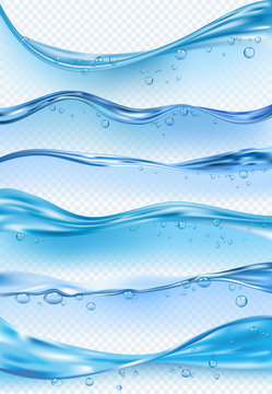 Wave realistic. Macro flowing liquid surface with drops and splashes vector waves illustrations isolated on transparent background