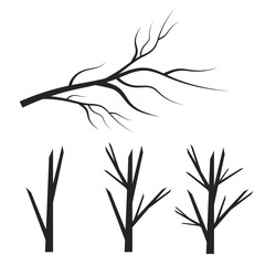 Black silhouette of a bare tree. Leaves, swirls and floral elements