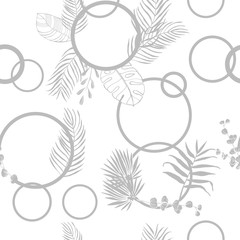 tropical palm leaves and circles seamless floral pattern hand drawn leaves