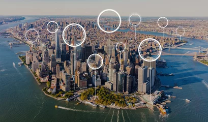  Technologie digitale cirkel met luchtfoto van de skyline van Manhattan, NY © Tierney