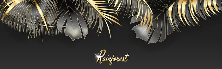 horizontal banner with gold, silver and black tropical leaves on dark background. Rainforest. © raz234
