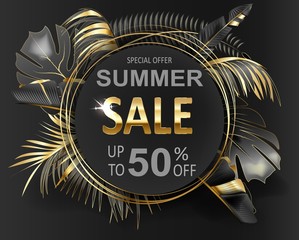 advertising banner with gold and black tropical leaves and gold summer sales on black