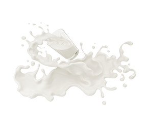 Pouring of milk from glass with Splash, 3d rendering.