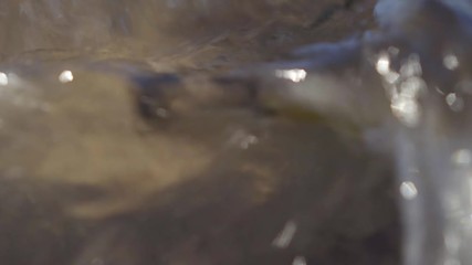 Child feet barefoot walk along a shore.  Picks up a black float thrown by surf