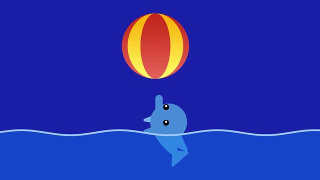Cute baby dolphin playing with colorful ball. 2D cycle animation made in 4K, loopable clip with alpha channel. Copy space