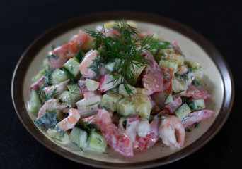 Homemade salad with shrimps and fresh vegetables sauced with yogurt decorated with fennel on plate on black table