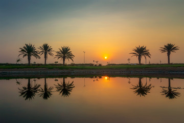 Fototapeta na wymiar morning drama sunrise view in Modon lake Dammam Saudi Arabia