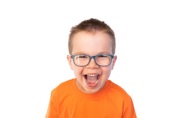 Fototapeta premium Little cute boy in glasses fun laughing, isolated on white background