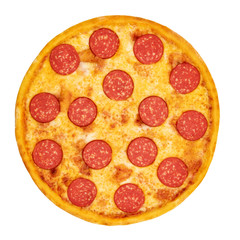 Pizza with sausage and cheese on a white isolated background. Top view.