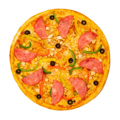 Pizza with sausage, cheese and vegetables on a white isolated background. Top view.