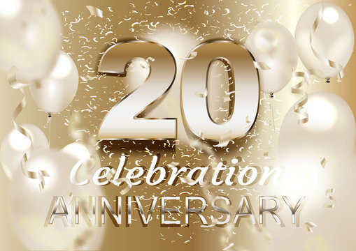20 Anniversary Logo Celebration with balloon and confetti, Isolated on light Background