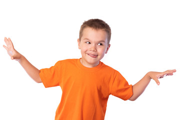 Little cute boy making funny faces, isolated on white background