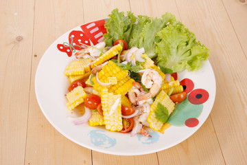Hot and spicy sour Thai Salads. With Prawn and Chopped Corn. Close up