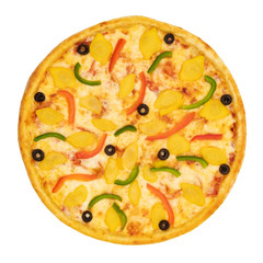 Pizza with cheese and vegetables on a white isolated background. Top view