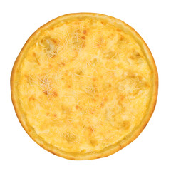 Pizza with cheese on a white isolated background. Top view