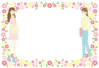 若い女性と花のフレーム素材