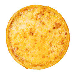 Pizza with cheese on a white isolated background. Top view